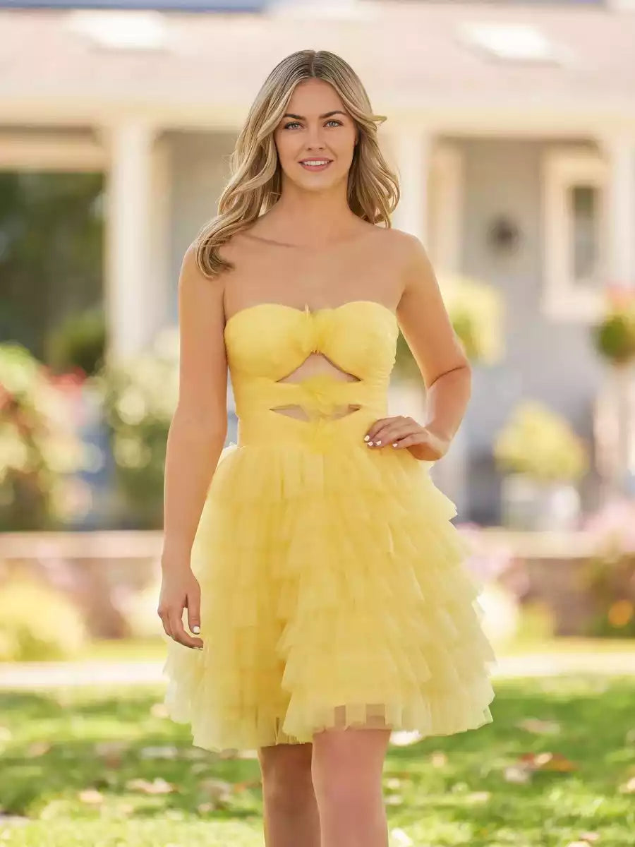 Elegant A-line chiffon short mini off shoulder collar sleeveless layered ruffle edge lace up back Homecoming Dresses